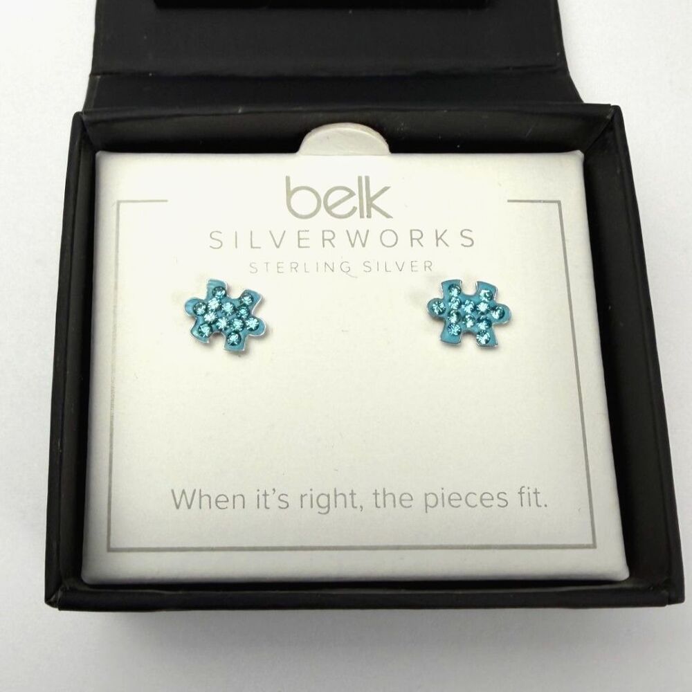 Belk Silverworks Sterling Silver Blue Puzzle Piece Stud Earrings NIB Gift